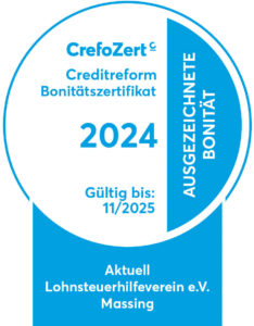 CrefoZert Creditreform Bonitätszertifikat 2024 - Ausgezeichnete Bonität - Aktuell Lohnsteuerhilfeverein e.V.